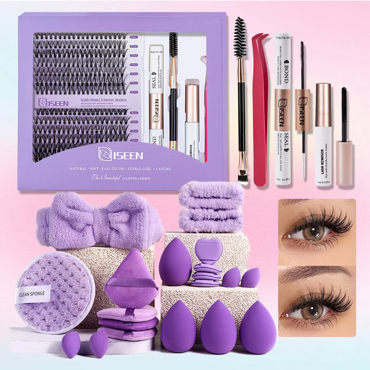 DIY Lash Extension Kit: Mixed Style Lash Clusters with Bond & Seal, Remover, Tweezers, and Lash Brush for Self-Application Makeup