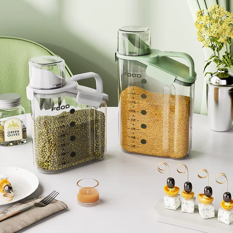 Transparent Portable Plastic Storage Container with Measuring Cup for Kitchen Grains and Rice