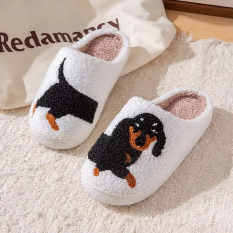 Dachshund Pattern Embroidered Plush Slippers with Thick Sole - Warm, Non-Slip Indoor Footwear for Pet Lovers