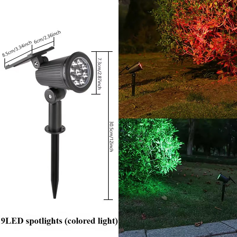 9 LED Solar Spotlights - RGB Outdoor Landscape Lights, IP65 Waterproof, Adjustable Brightness for Gardens and Yards