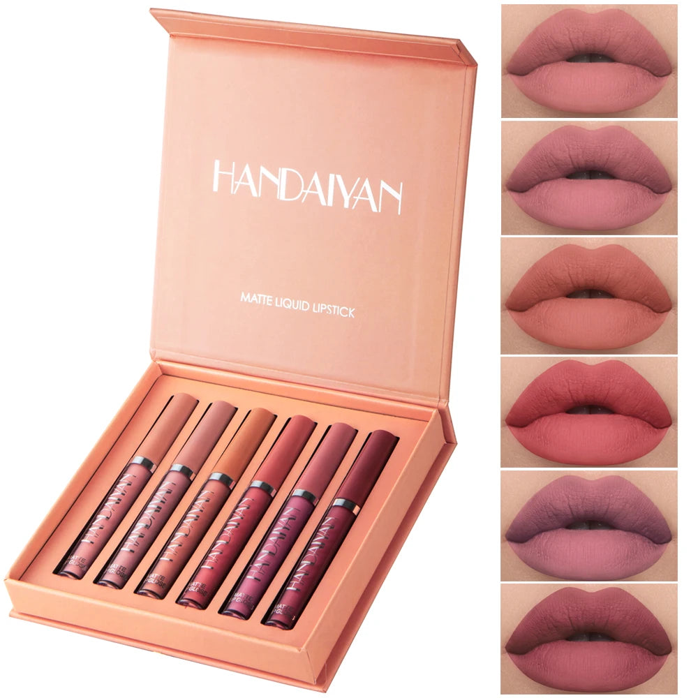 Set of 6 Nonstick Liquid Lipsticks - Long-Lasting Matte Finish Lip Gloss Gift Box, Fade-Resistant Formula