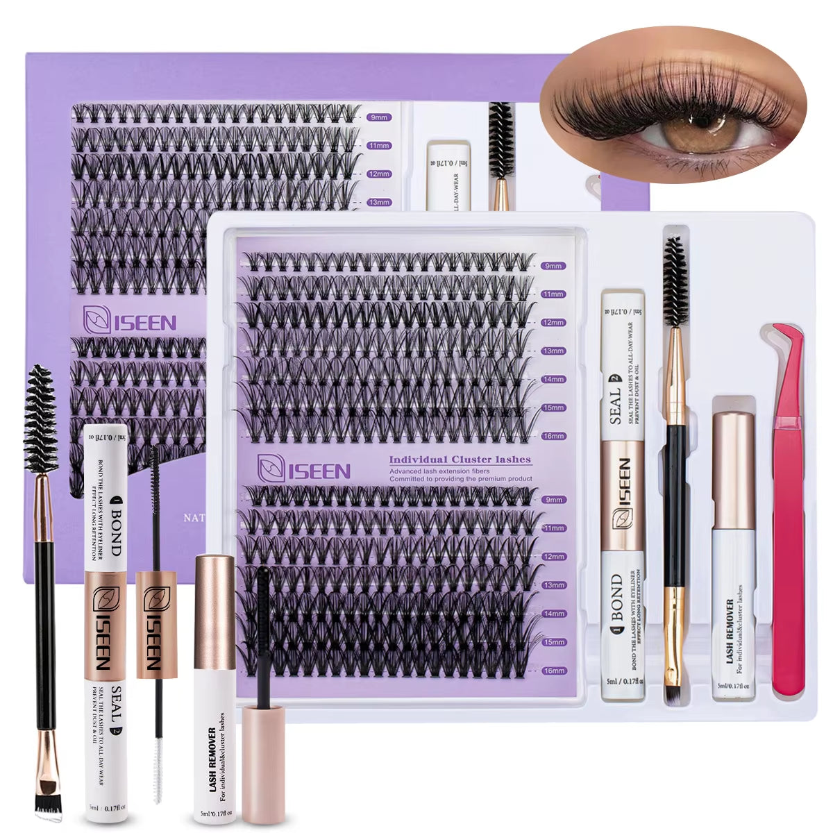 DIY Lash Extension Kit: Mixed Style Lash Clusters with Bond & Seal, Remover, Tweezers, and Lash Brush for Self-Application Makeup