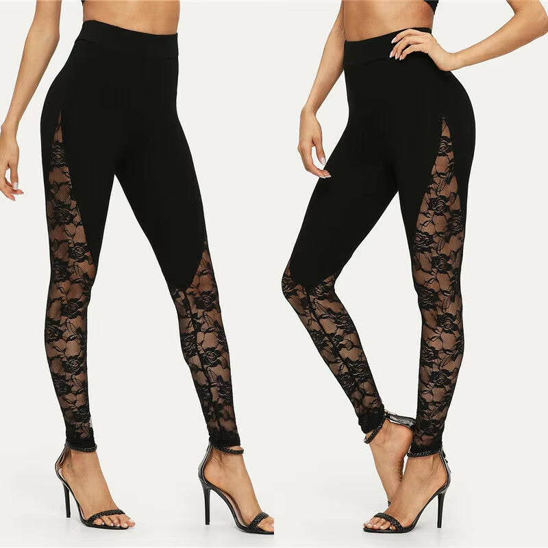 Elegant High Waist Black Lace Leggings for Women with Floral Side Panels - Available in S, M, L, and 2XL