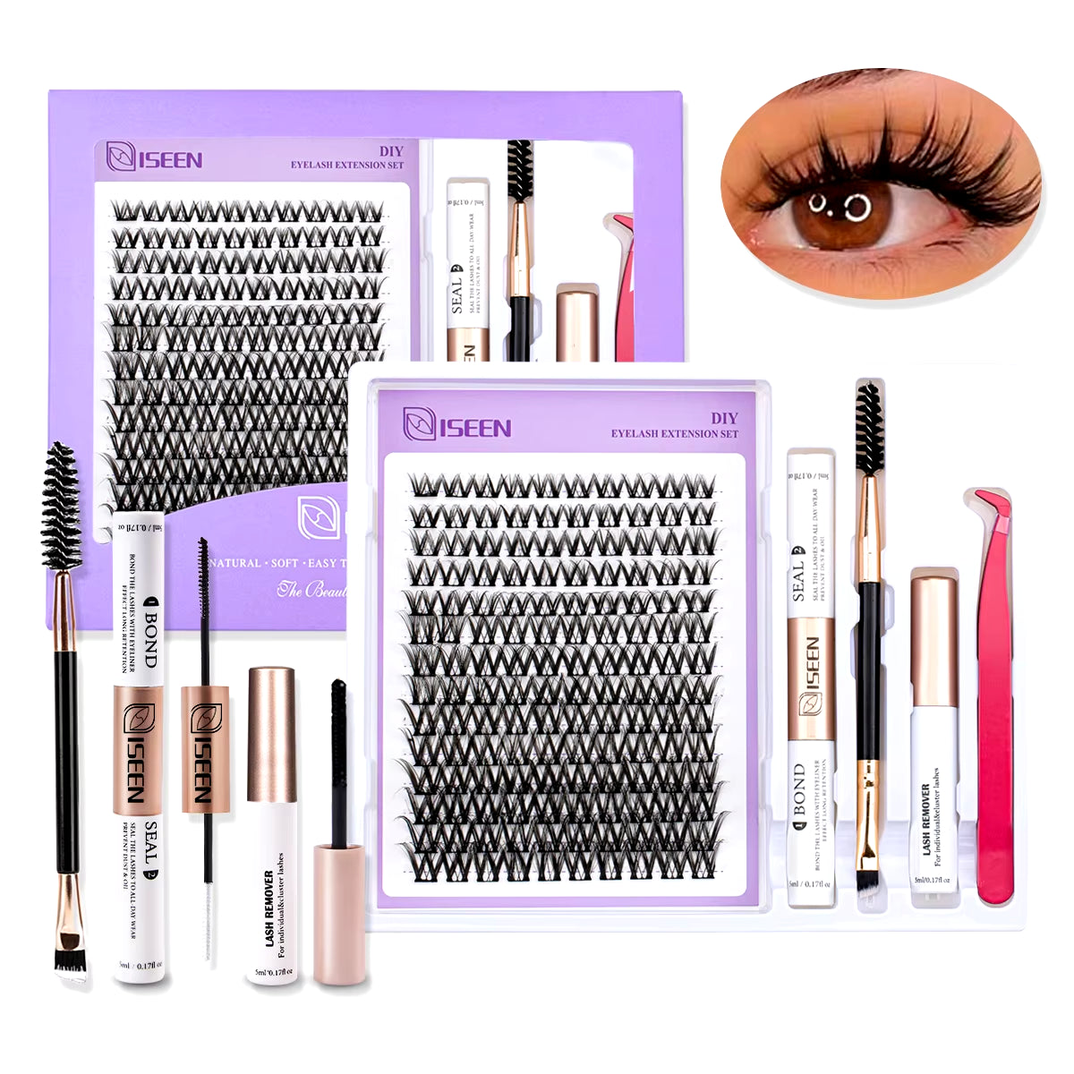 DIY Lash Extension Kit: Mixed Style Lash Clusters with Bond & Seal, Remover, Tweezers, and Lash Brush for Self-Application Makeup