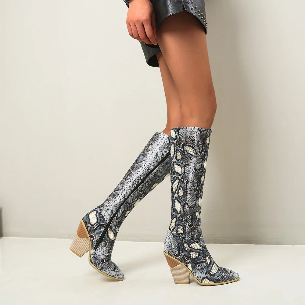 Black Pink Blue Knee High Boots Western Cowboy Boots for Women Long Winter Boots Pointed Toe Cowgirl Wedges Motorcycle Boots