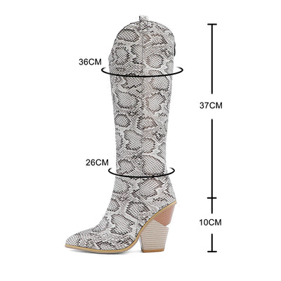 Black Pink Blue Knee High Boots Western Cowboy Boots for Women Long Winter Boots Pointed Toe Cowgirl Wedges Motorcycle Boots