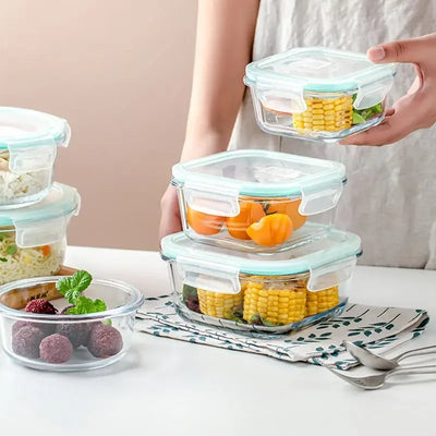 Borosilicate glass lunch box with sealed airtight lid, microwave safe bento box for fresh-keeping soup, snacks, and fruits with insulation.
