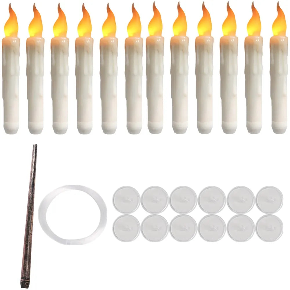 Floating LED Flameless Taper Candles with Magic Wand - 12/48 Pack, Flickering Warm Light for Christmas and Halloween Celebrations