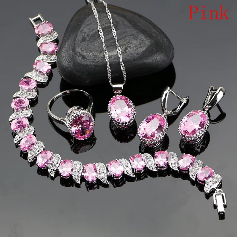 Natural 925 Silver Jewelry Set with Red Birthstone for Women - Earrings, Pendant, Necklace, Ring, and Bracelets T055