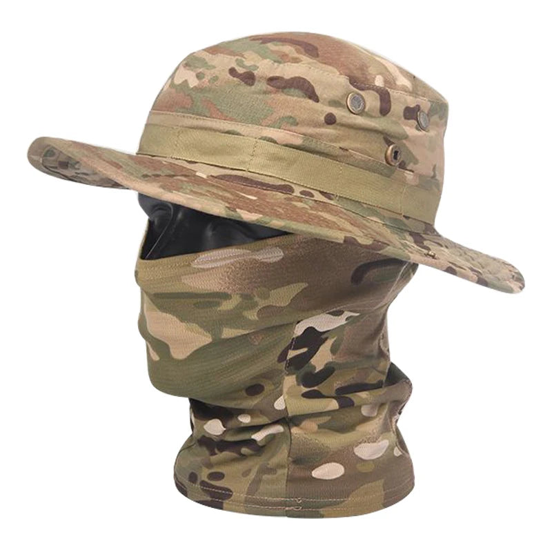 Camouflage Boonie Cap and Balaclava Set - Foldable Soft Outdoor Hat for Hunting and Fishing with Wide Brim for Sun Protection