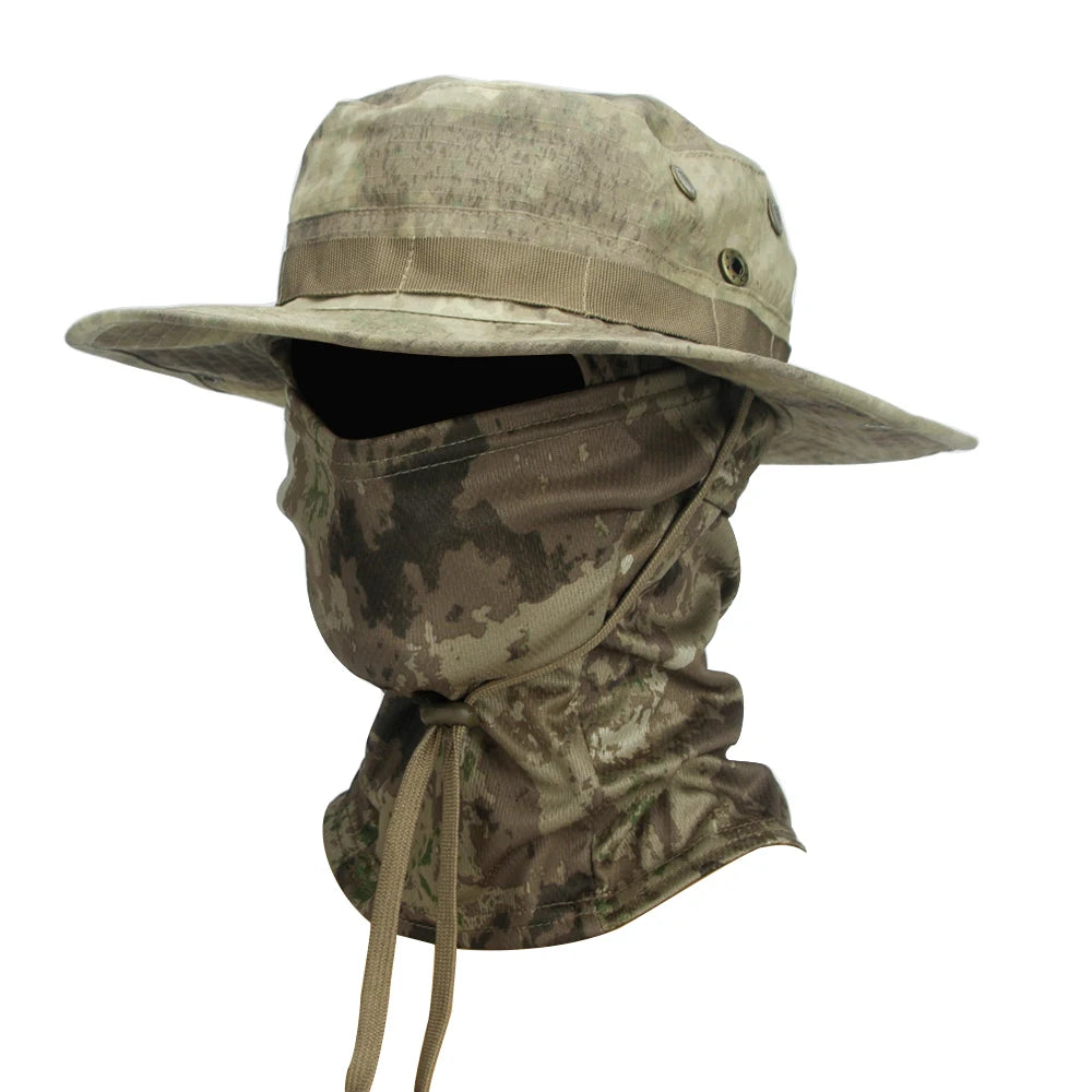 Camouflage Boonie Cap and Balaclava Set - Foldable Soft Outdoor Hat for Hunting and Fishing with Wide Brim for Sun Protection