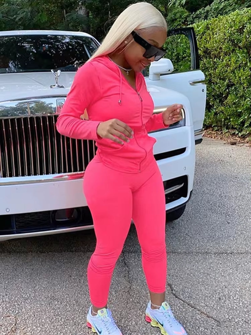 Women's Autumn Two-Piece Set: Long Sleeve Hooded Jacket with Zipper Pockets and Matching Stretch Leggings for Activewear