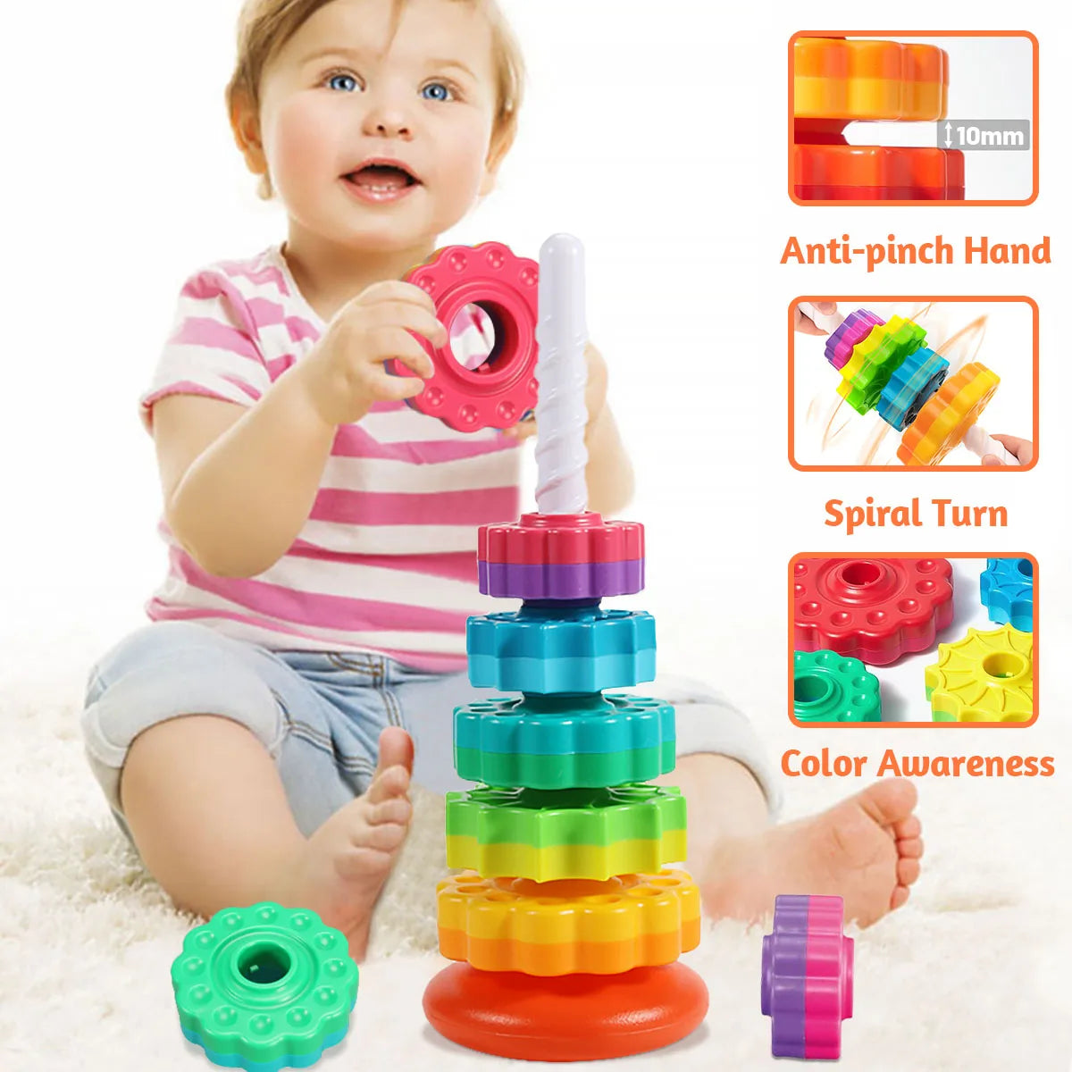 Montessori Rotating Rainbow Tower Stacking Puzzle Toy for Children - Safe and Eco-Friendly Design