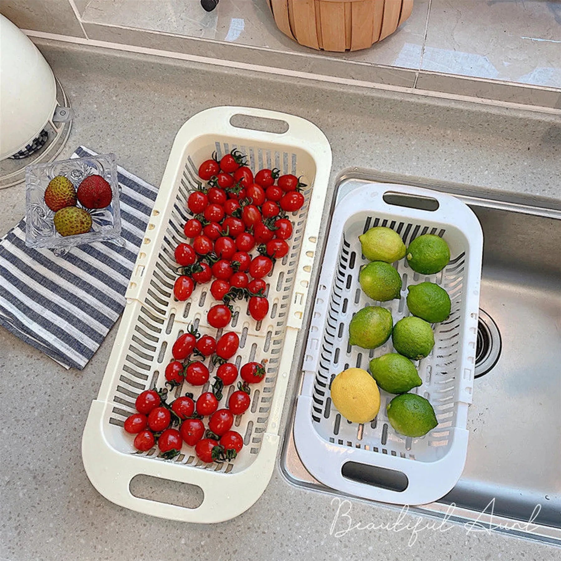 Retractable Kitchen Sink Storage Rack with Drain Basket for Fruits and Vegetables