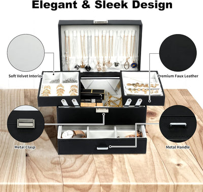 Women's Jewelry Organizer Box - 3-Layer Storage Solution for Earrings, Rings, Necklaces, and Bracelets (Black)
