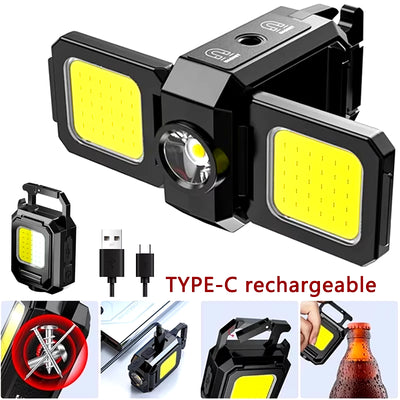 Compact USB Rechargeable COB Work Light with 90° Foldable Side Lights and Keychain Attachment