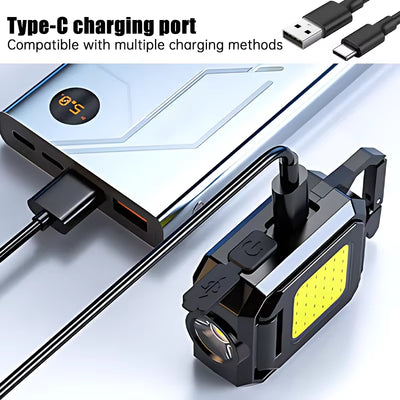 Compact USB Rechargeable COB Work Light with 90° Foldable Side Lights and Keychain Attachment