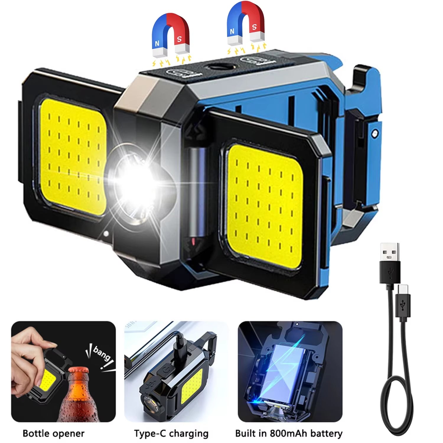 Compact USB Rechargeable COB Work Light with 90° Foldable Side Lights and Keychain Attachment