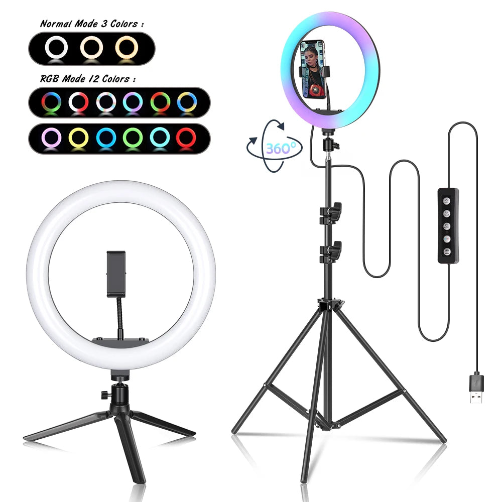 12-Inch 30Cm LED RGB Ring Light with Tripod - 15 Color Options for Mobile Phone Live Streaming, Makeup, and Photography