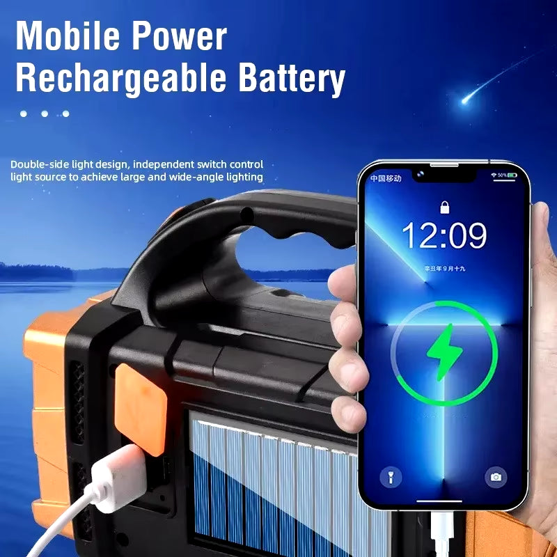 Portable High-Intensity USB Rechargeable Solar LED Flashlight with COB Work Light and Mobile Phone Charging Capability for Camping