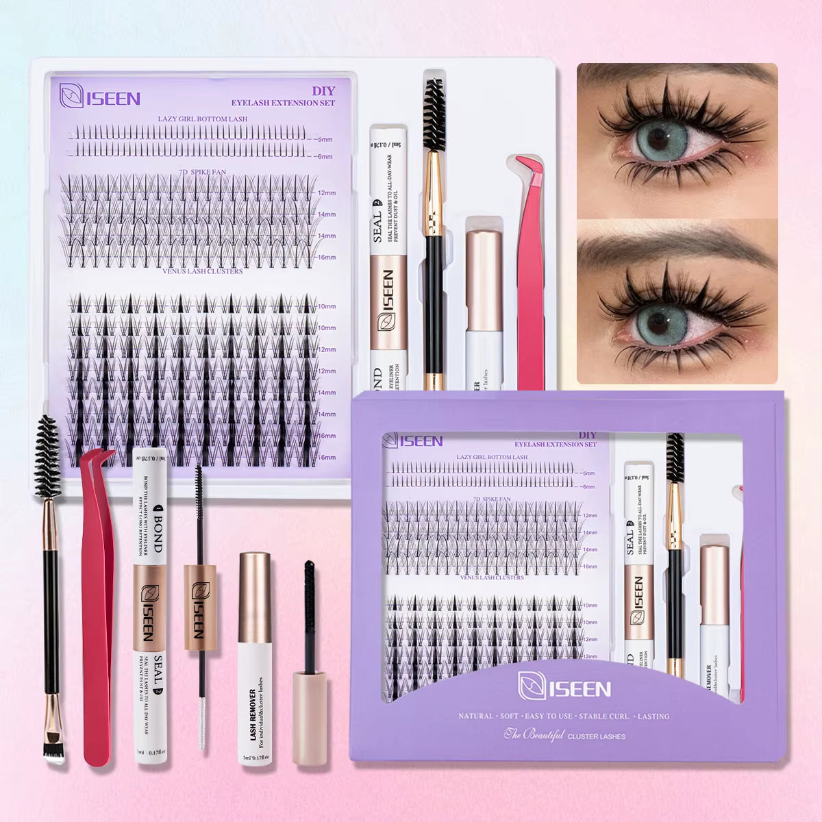 DIY Lash Extension Kit: Mixed Style Lash Clusters with Bond & Seal, Remover, Tweezers, and Lash Brush for Self-Application Makeup