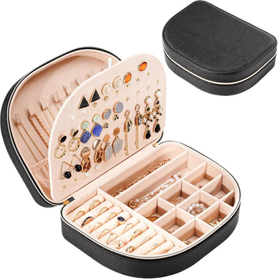 Medium Portable Seashell-Shaped Jewelry Organizer, 2-Layer Travel Jewelry Box in PU Leather for Women - Black