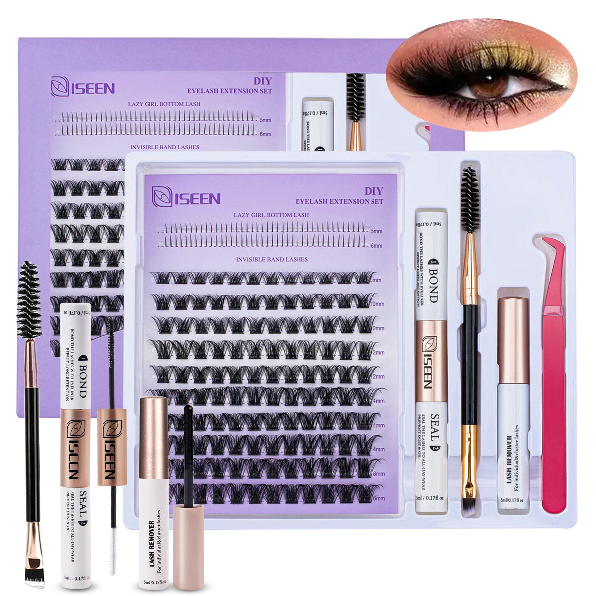 DIY Lash Extension Kit: Mixed Style Lash Clusters with Bond & Seal, Remover, Tweezers, and Lash Brush for Self-Application Makeup