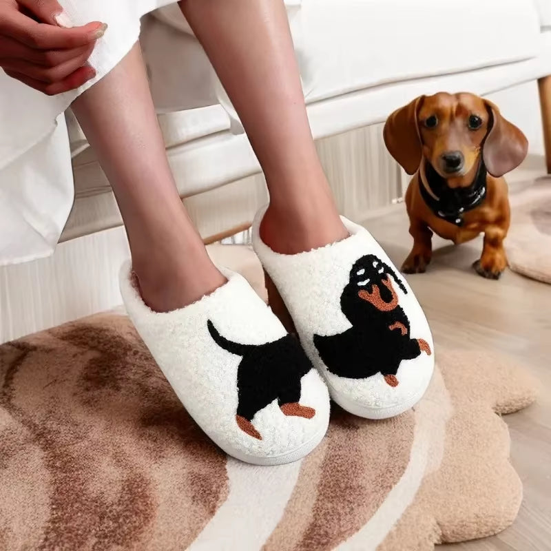 Dachshund Pattern Embroidered Plush Slippers with Thick Sole - Warm, Non-Slip Indoor Footwear for Pet Lovers