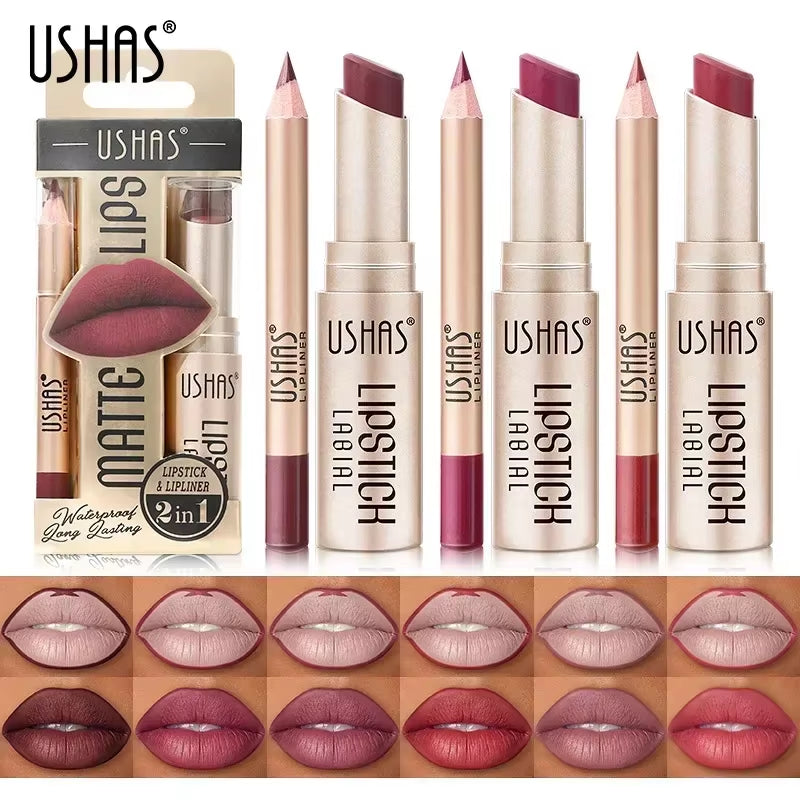 Dual-Action Lipstick Set with Lip Liner - Waterproof, Long-Lasting Matte Cosmetics for Women - Free Shipping