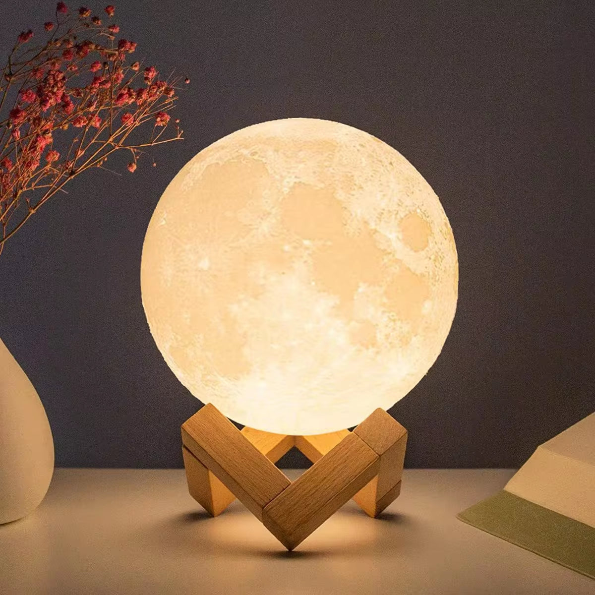 8cm LED Moon Lamp with Stand - Battery-Powered Night Light for Bedroom Decor and Children's Gifts