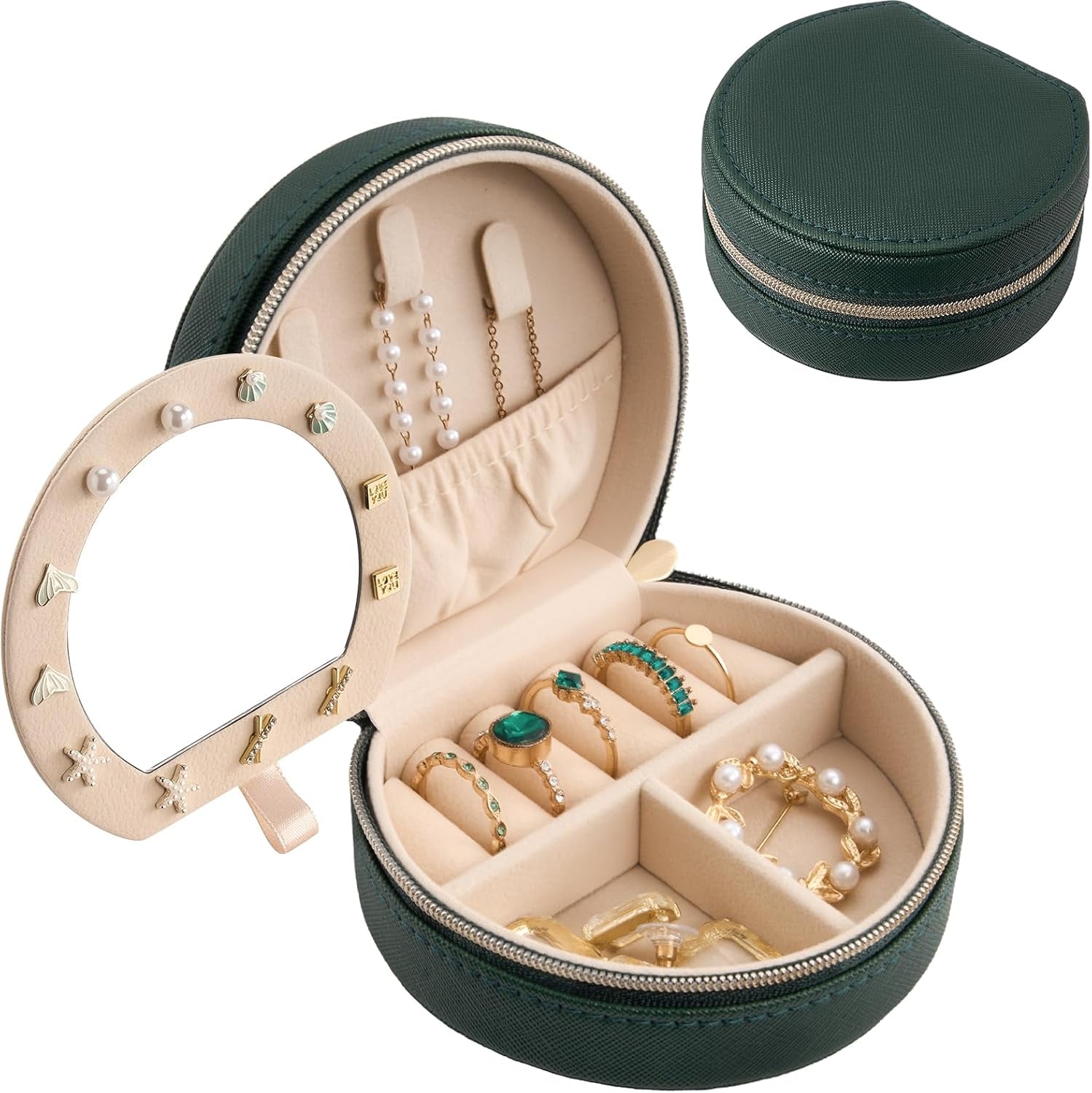 Medium Portable Seashell-Shaped Jewelry Organizer, 2-Layer Travel Jewelry Box in PU Leather for Women - Black