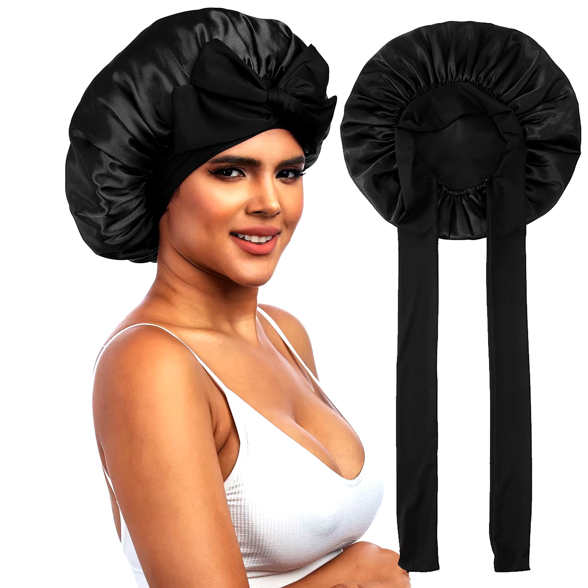 Double Layer Satin Bonnet with Adjustable Wide Stretch Ties for Long Hair Care - Women's Night Sleep Hat and Shower Cap