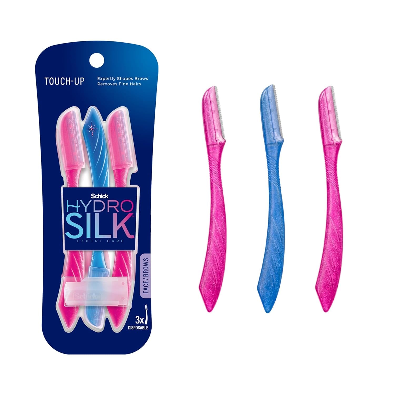 Schick Hydro Silk Touch-Up Dermaplaning Tool with Precision Cover, 3 Count - Women's Facial Razor for Peach Fuzz and Eyebrow Grooming