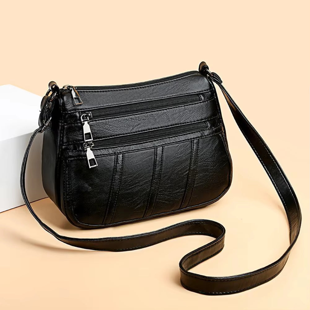 Women's High-Quality Soft PU Leather Multi-Pocket Shoulder Bag - Black Business Crossbody Messenger Bag