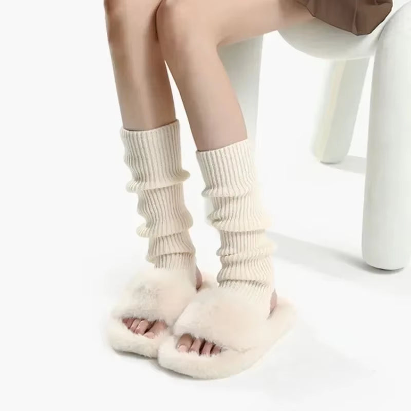 Ladies' Knitted Long Socks and Arm Warmers - White Crochet Leg Warmers for Autumn and Winter