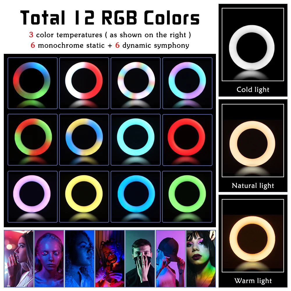 12-Inch 30Cm LED RGB Ring Light with Tripod - 15 Color Options for Mobile Phone Live Streaming, Makeup, and Photography