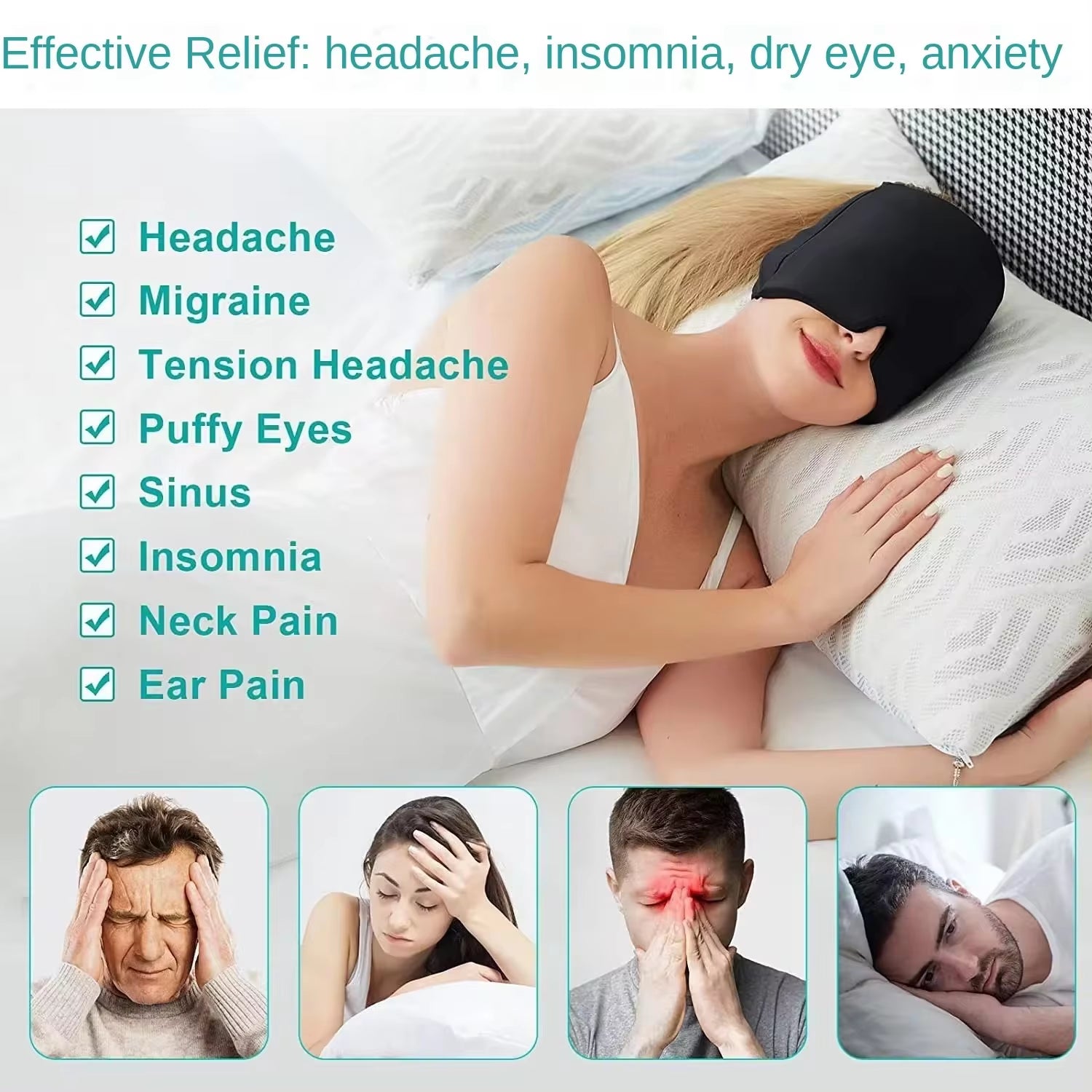 Migraine Relief Hat with Gel Therapy for Hot and Cold Treatment - Ice Cap and Eye Mask for Pain and Stress Relief