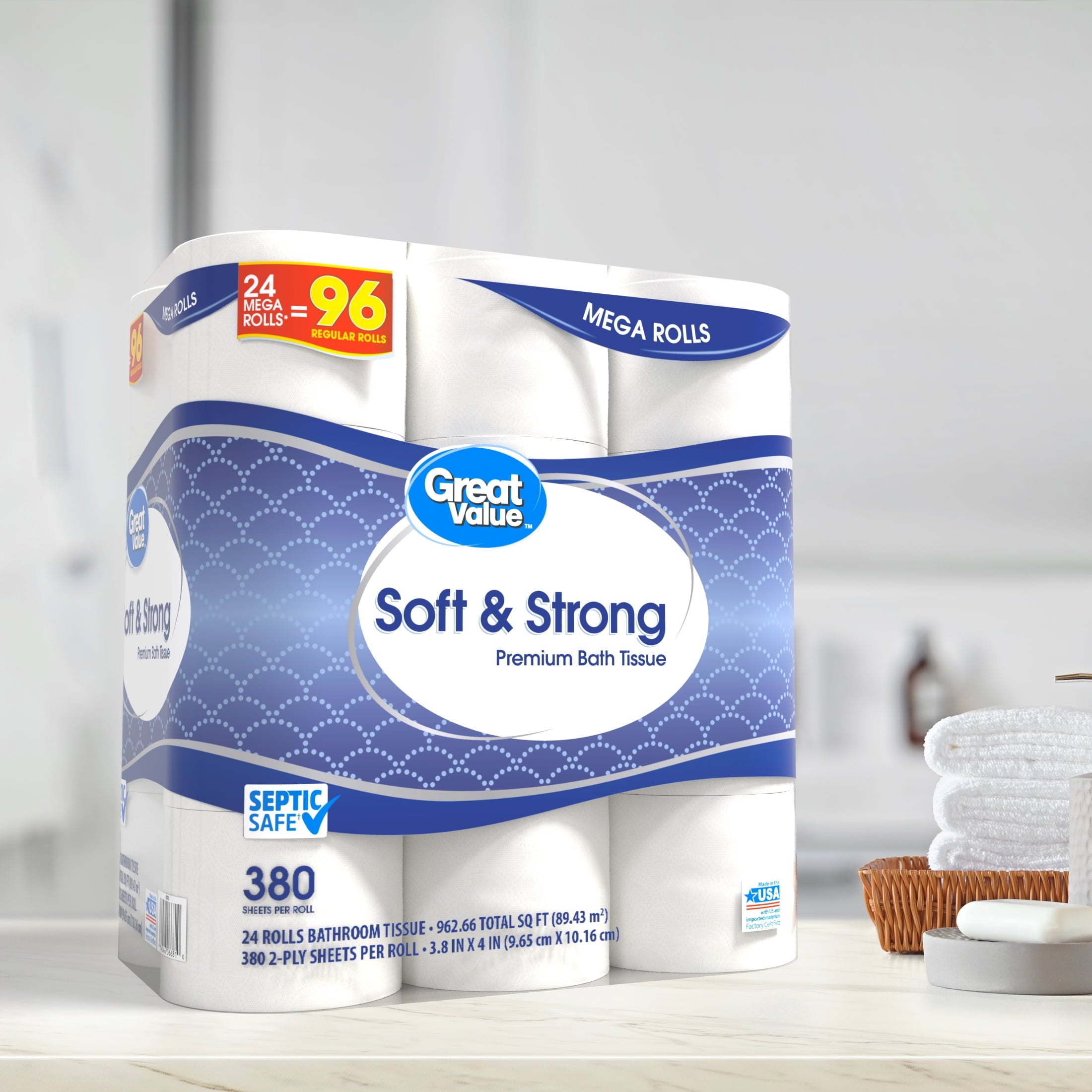 Soft & Strong Premium Toilet Paper, 24 Mega Rolls, 380 Sheets per Roll - CommunityRateLLC