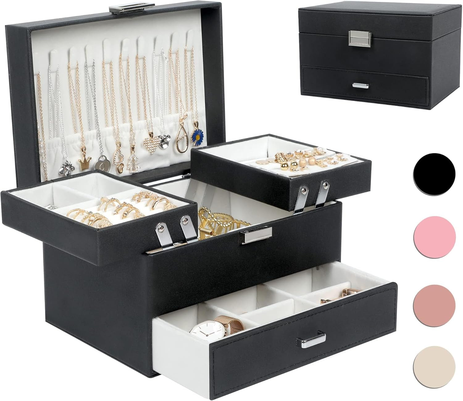 Women's Jewelry Organizer Box - 3-Layer Storage Solution for Earrings, Rings, Necklaces, and Bracelets (Black)