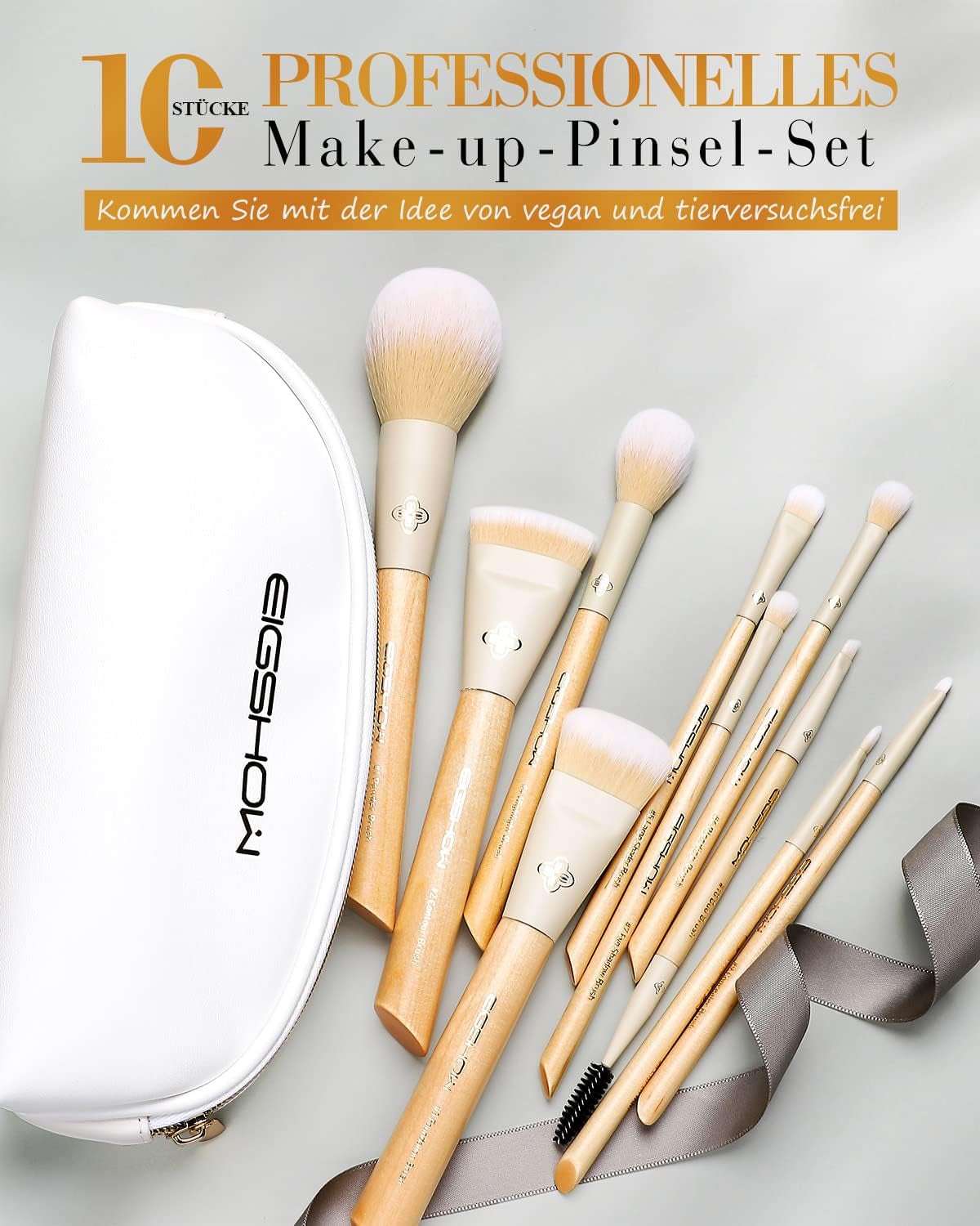 10-Piece Makeup Brush Set with Corn Silk Fiber Vegan Brushes for Foundation, Powder, Concealers, Eye Shadows, and Liquid Kabuki (Original Series).