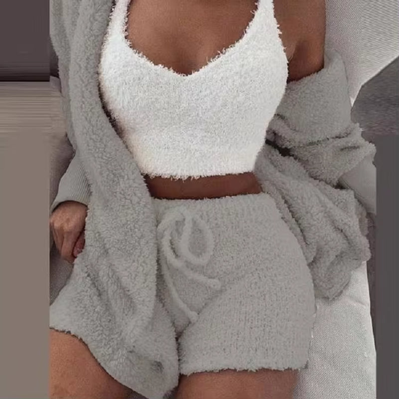 Women's Plus Size Fluffy Pajama Set - Casual Sleepwear with Tank Top, Shorts, and Hoodie - Winter 3-Piece Loungewear