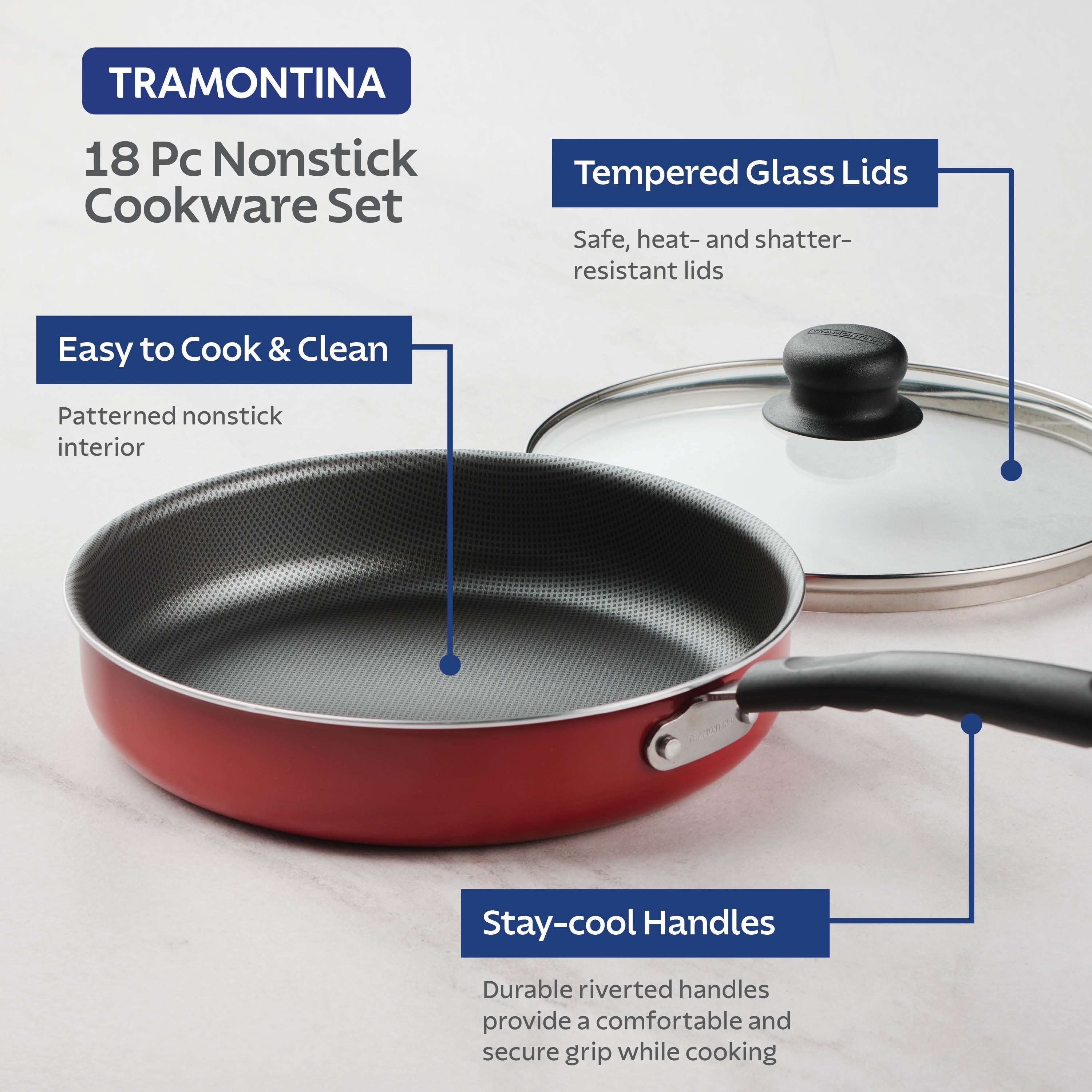 Primaware 18 Piece Non-Stick Cookware Set, Red - CommunityRateLLC