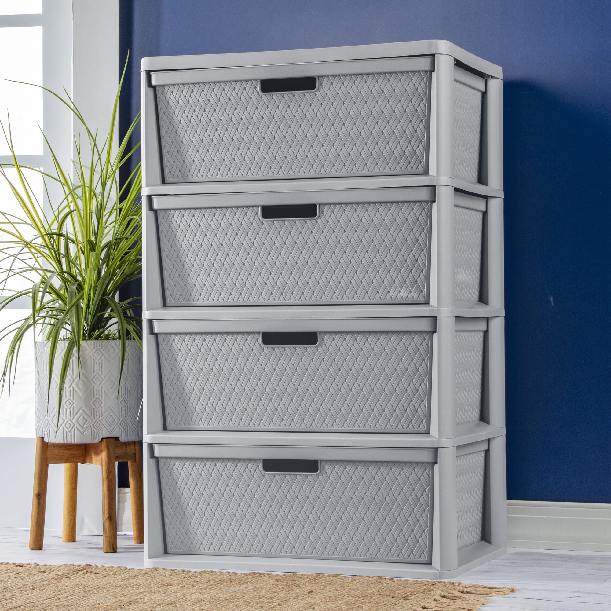 Wide 4 Drawer Cross-Weave Tower Cement