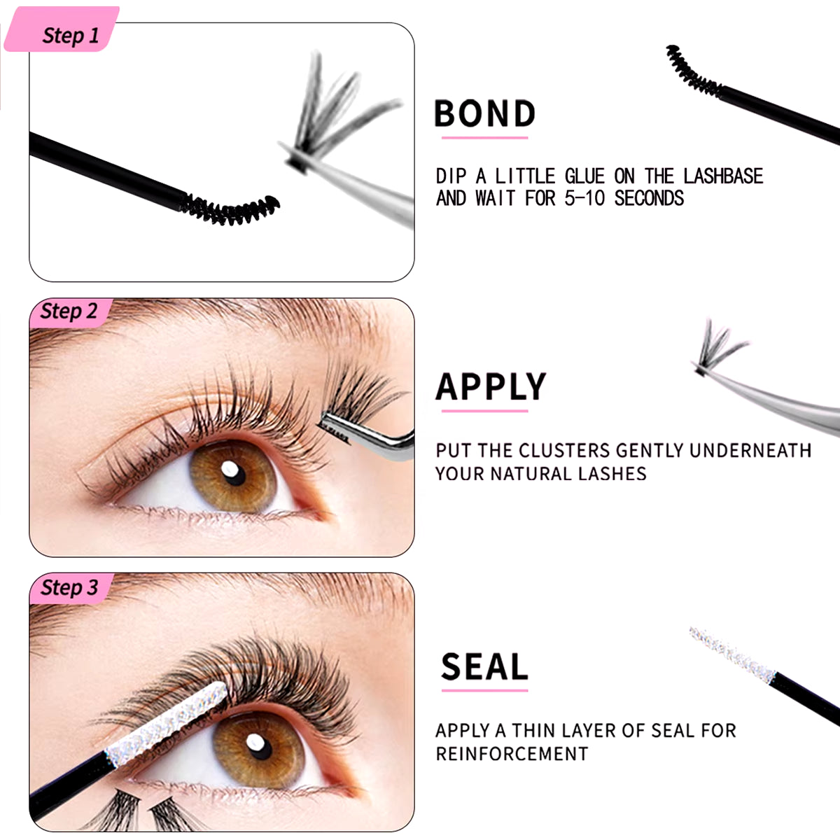 DIY Lash Extension Kit: Mixed Style Lash Clusters with Bond & Seal, Remover, Tweezers, and Lash Brush for Self-Application Makeup