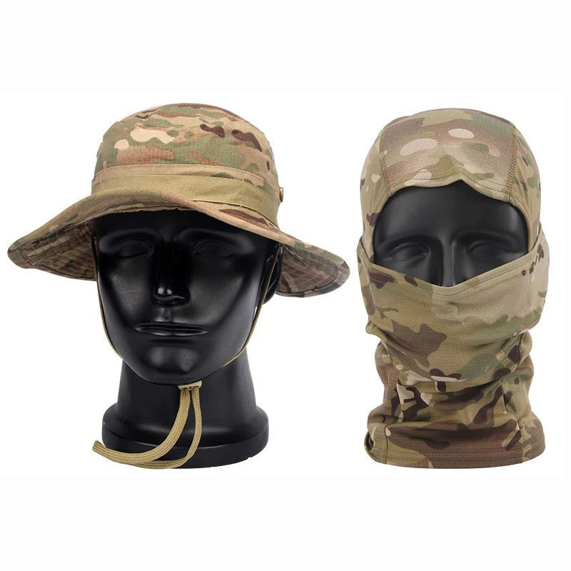 Camouflage Boonie Cap and Balaclava Set - Foldable Soft Outdoor Hat for Hunting and Fishing with Wide Brim for Sun Protection