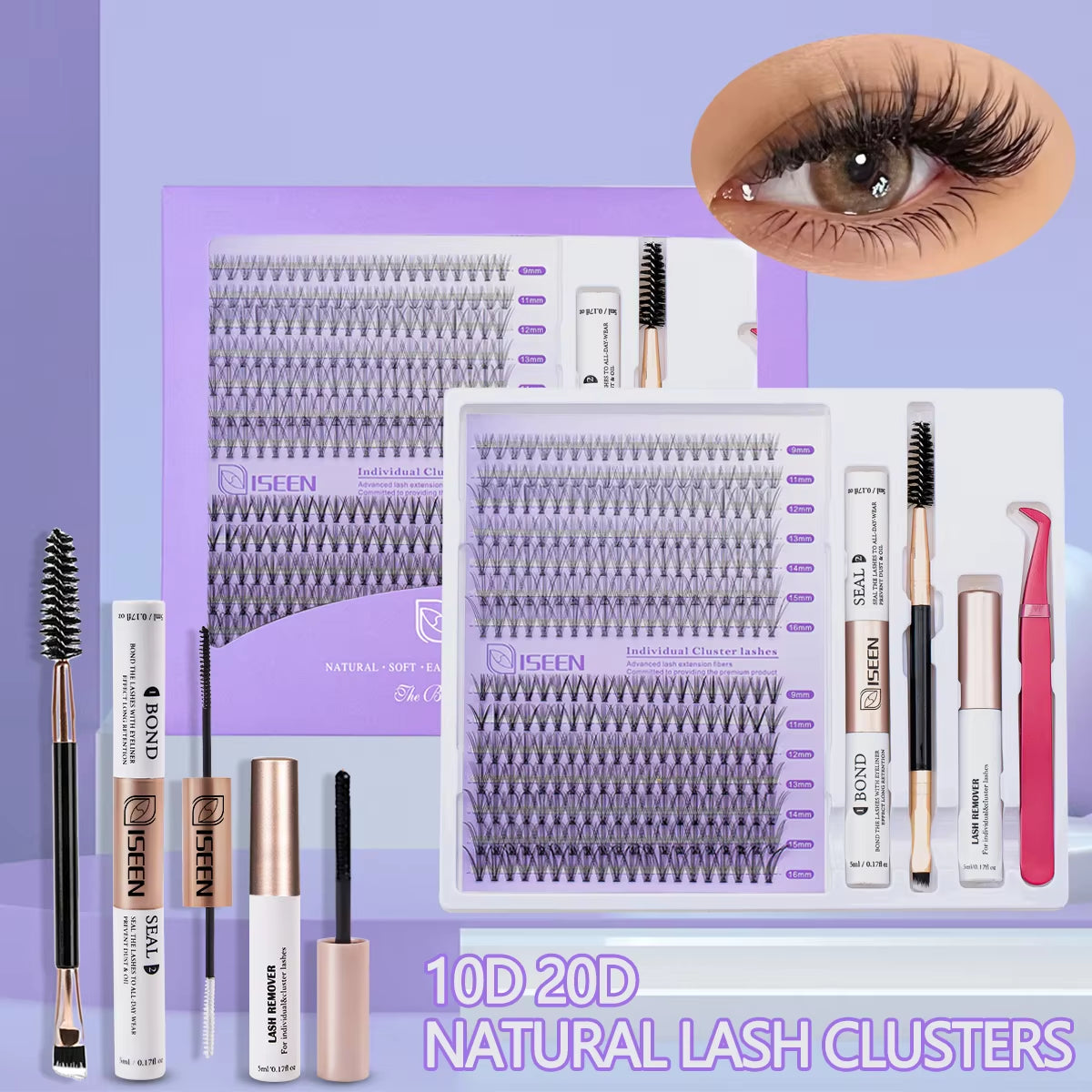 DIY Lash Extension Kit: Mixed Style Lash Clusters with Bond & Seal, Remover, Tweezers, and Lash Brush for Self-Application Makeup