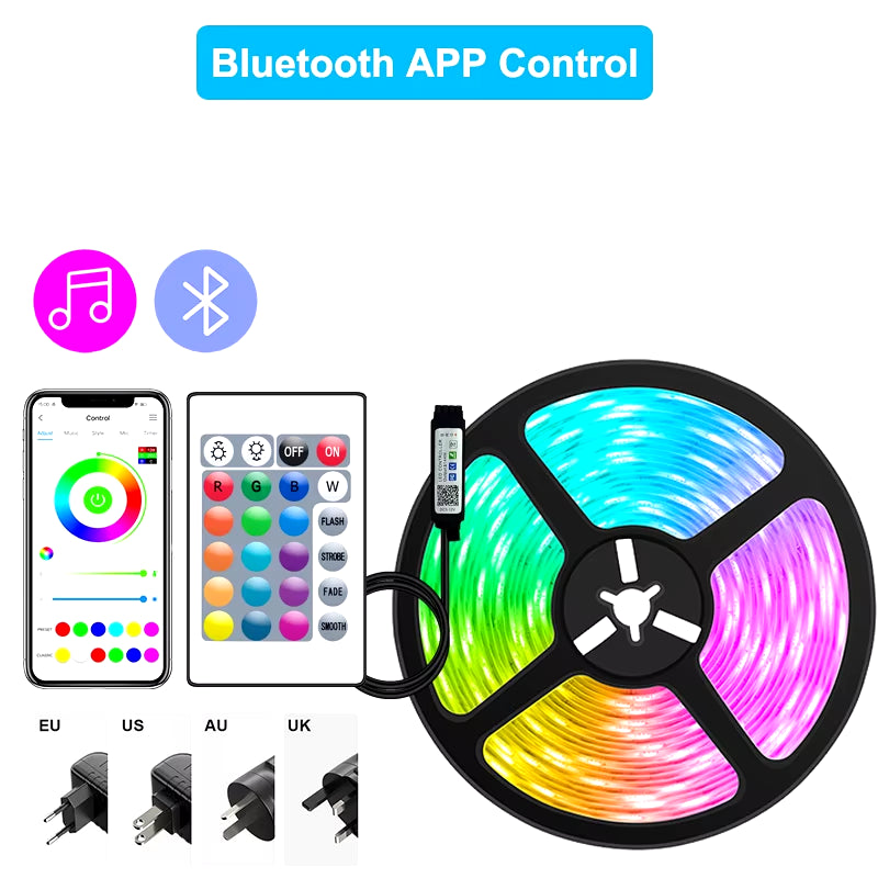 Bluetooth WiFi App-Controlled RGB 5050 SMD Flexible LED Strip Lights with USB Power Adapter and Adhesive Tape