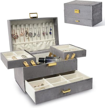 Women's Jewelry Organizer Box - 3-Layer Storage Solution for Earrings, Rings, Necklaces, and Bracelets (Black)