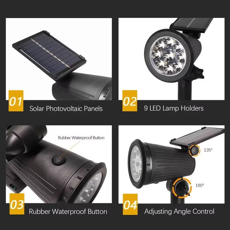 9 LED Solar Spotlights - RGB Outdoor Landscape Lights, IP65 Waterproof, Adjustable Brightness for Gardens and Yards
