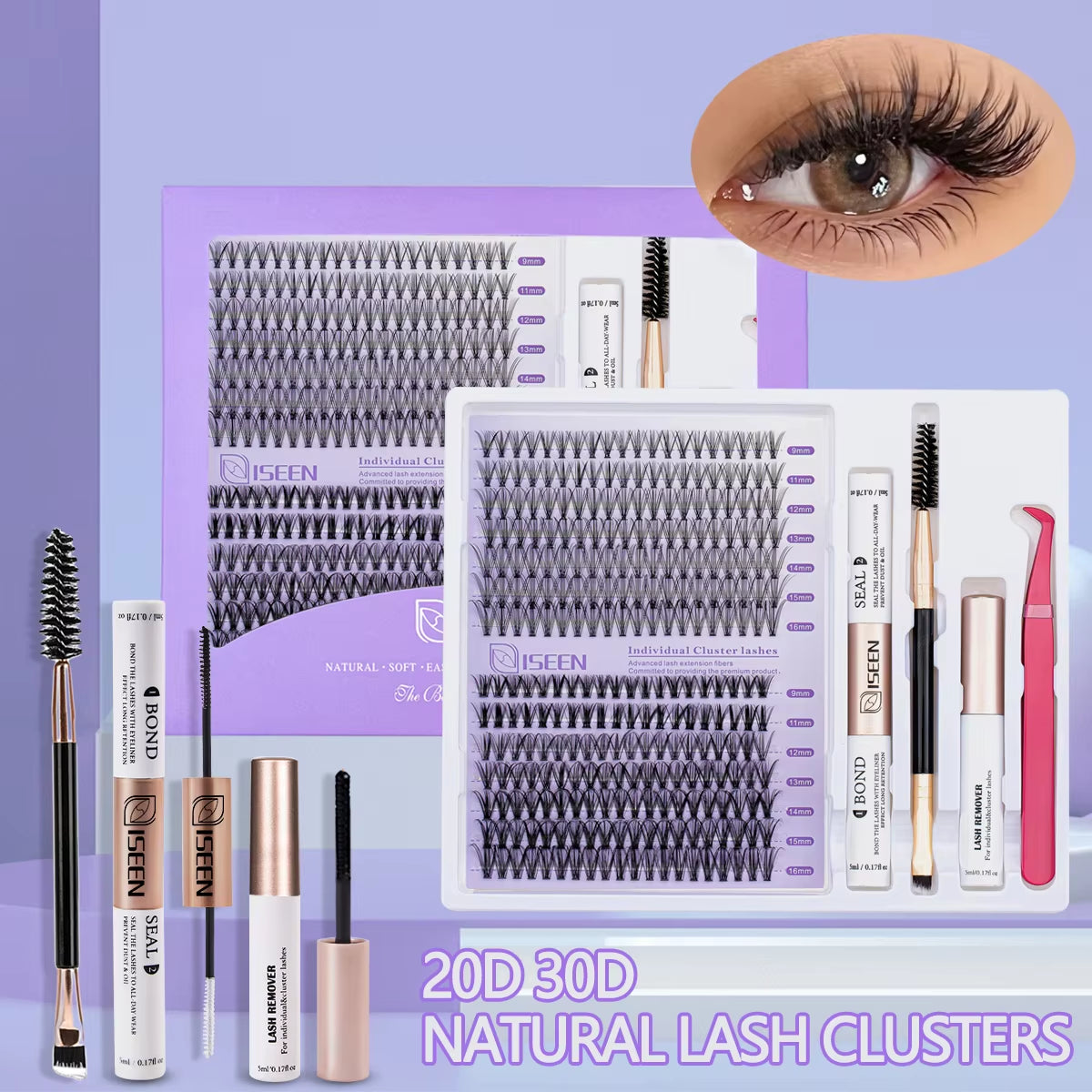 DIY Lash Extension Kit: Mixed Style Lash Clusters with Bond & Seal, Remover, Tweezers, and Lash Brush for Self-Application Makeup